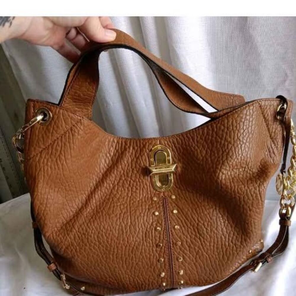 Michael Kors Uptown Astor Legacy Large Walnut Leather Studded Shoulder Tote Bag